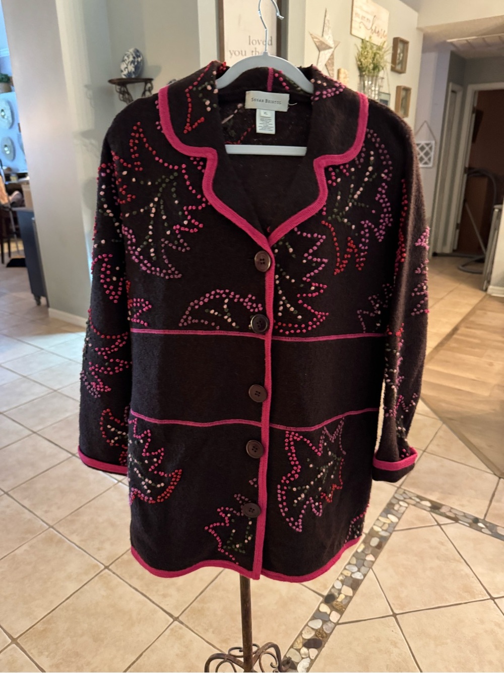 Susan Bristol XL Hand Embroidered Wool Blend Cardigan Brown Pink Floral Jacket
